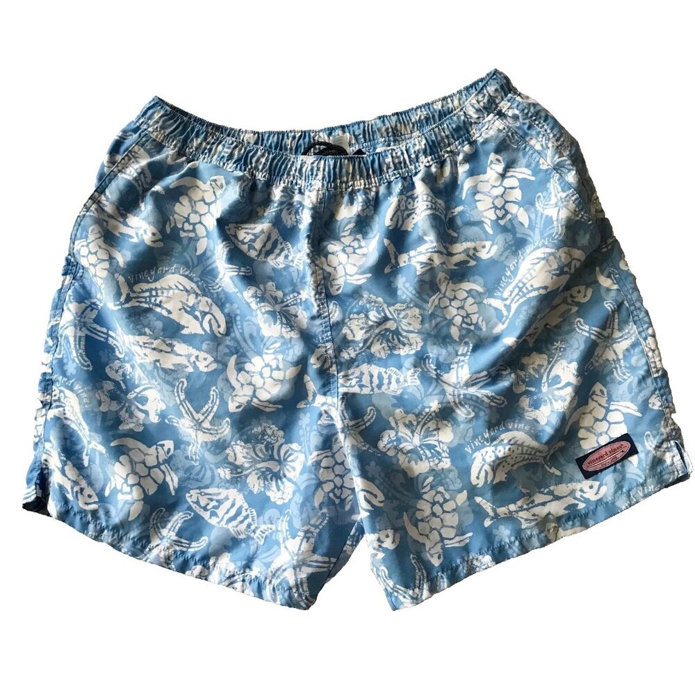 Vineyard Vines Swim Trunks Mens Size XL 18 Blue Bathing Suit Turtle Fish Dolphin